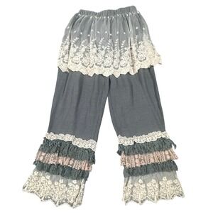Blue Hat Gray Wide Leg Lace Ruffle Tiered Pants Mori Girl Cottagecore Small